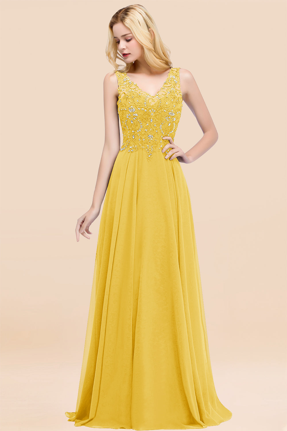 Dusty Rose Lace V-Neck Long Bridesmaid Dresses With Appliques