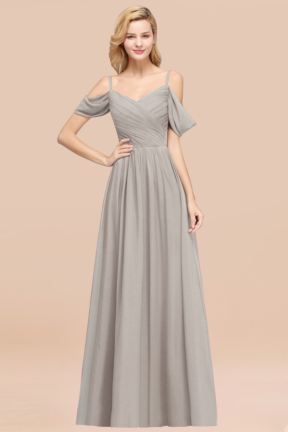 A-Line Chiffon V-Neck Spaghetti Straps Short Sleeves Floor Length Bridesmaid Dresses with Ruffles
