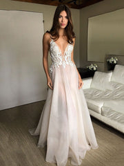 Long A-line V-neck Spaghetti Straps Lace Appliqued Beach Wedding Dress