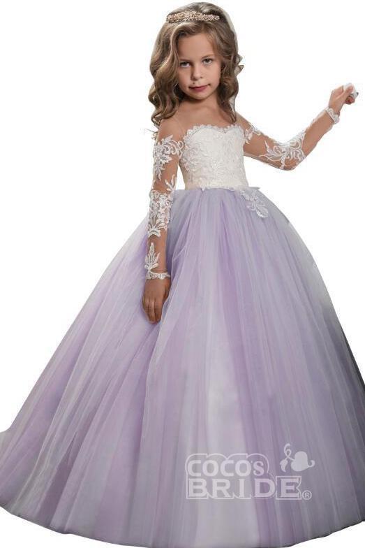 White Scoop Neck Long Sleeves Ball Gown Flower Girl Dress