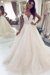 Luxury Long A-line Off the shoulder Tulle Open Back Glitter Wedding Dresses