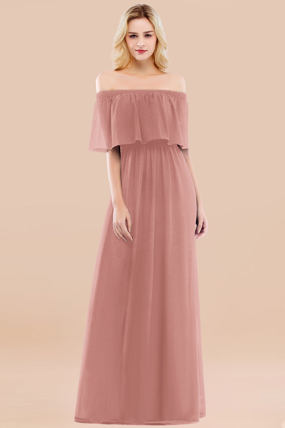 A-line Chiffon Off the Shoulder Short Sleeves Ruffles Floor Length Bridesmaid Dress
