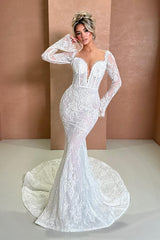 Long Sleeves Sweetheart Mermaid White Lace Floor Length Wedding Dress