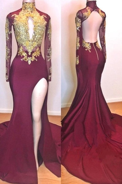 Burgundy Long Mermaid High Neck Gold Appliques Open Back Prom Dress with Slit
