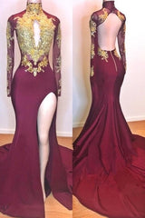 Burgundy Long Mermaid High Neck Gold Appliques Open Back Prom Dress with Slit