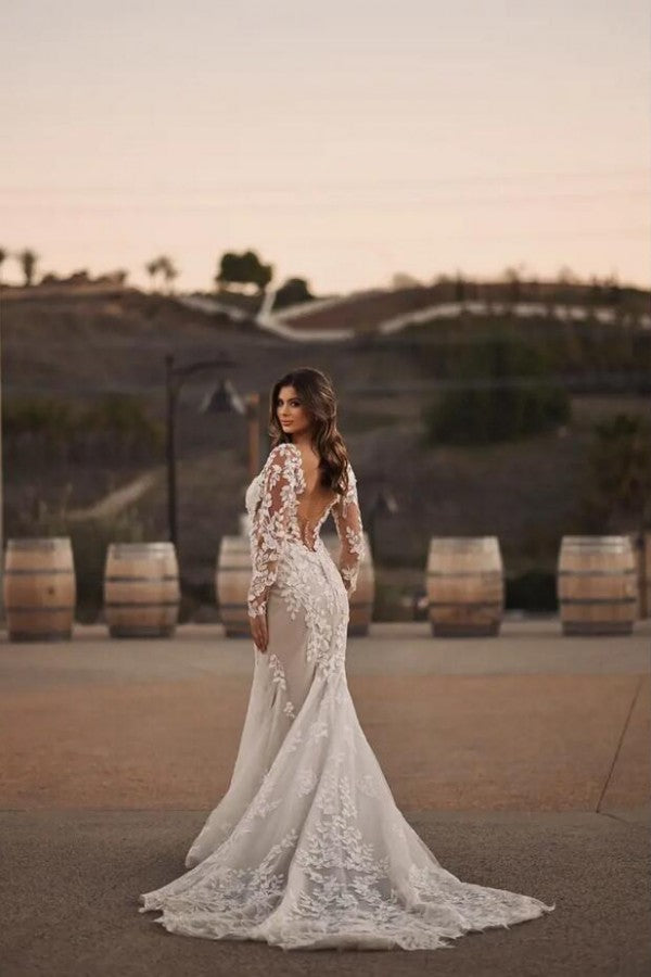 Gorgeous Long Mermaid Sweetheart Tulle Lace Wedding Dresses with Sleeves