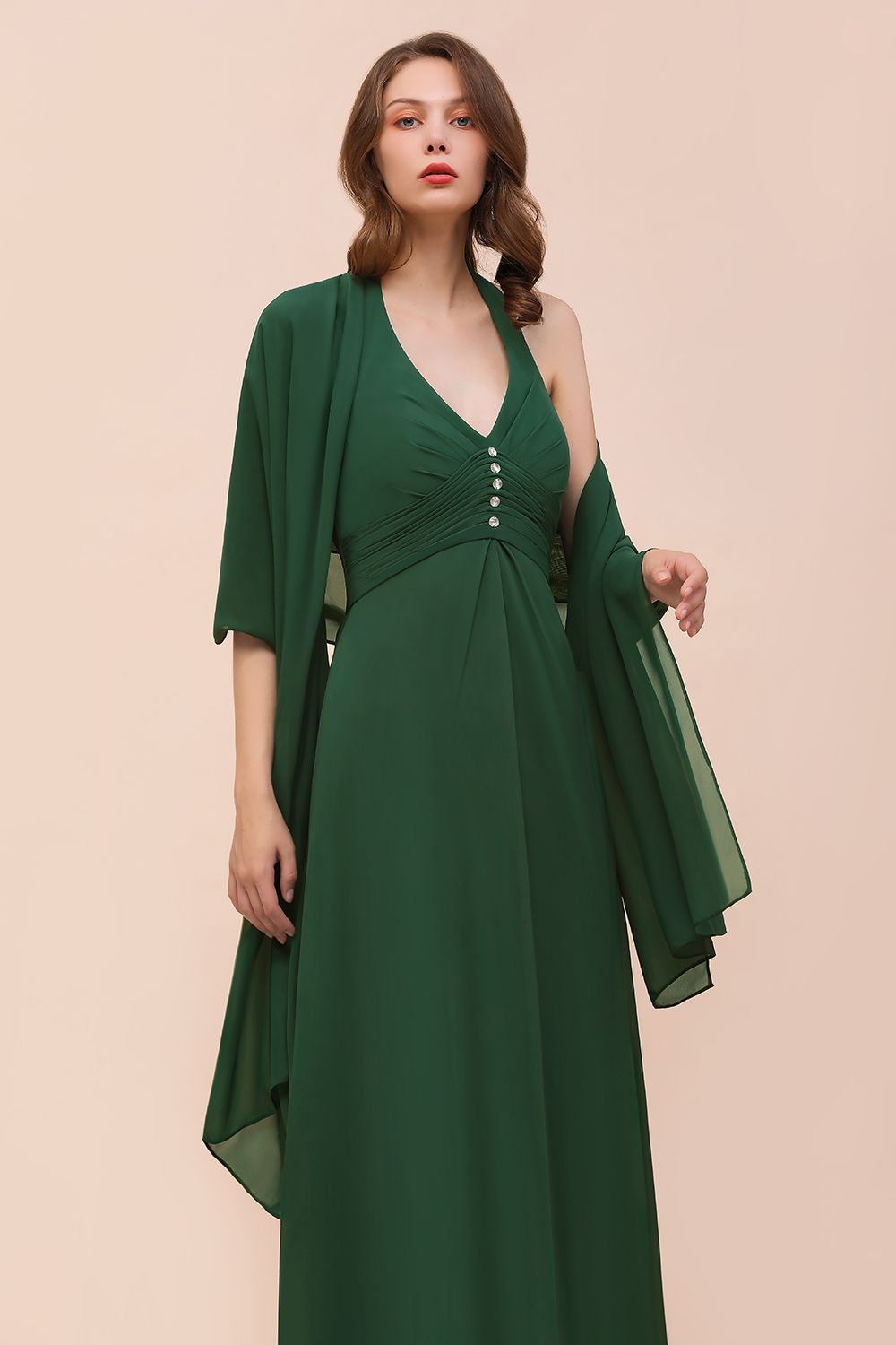 Elegant Halter Deep V-neck A-line Chiffon Bridesmaid Dress With Crystal Embellishment