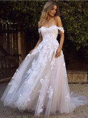 Gorgeous Long Off the Shoulder Open Back Appliques Tulle A-line Wedding Dresses