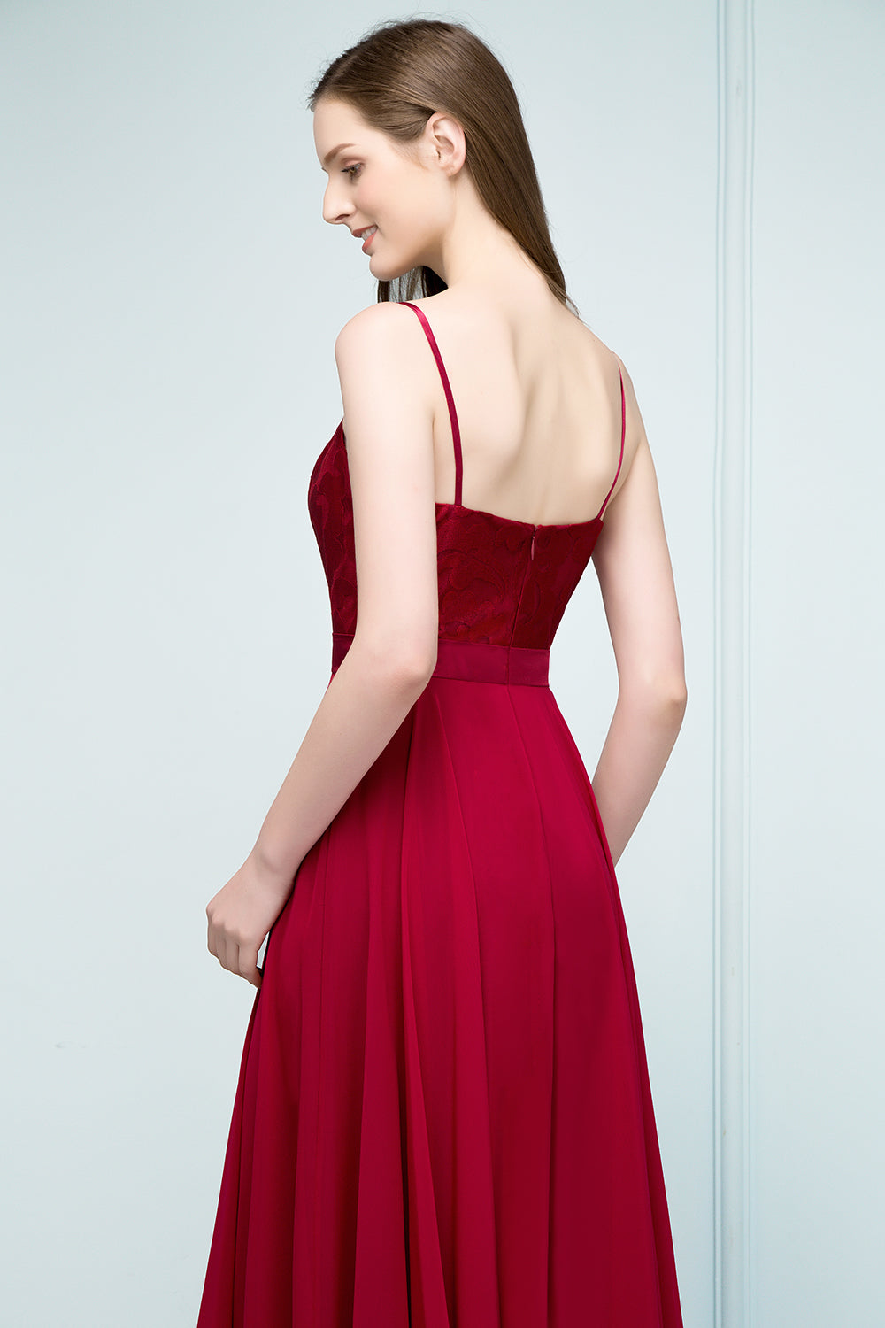 Long Chiffon A-line Lace Burgundy Evening Formal Dress