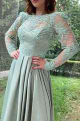 Crew Neck A-Line Long Sleeve Appliques Lace Satin Prom Dress with Slit