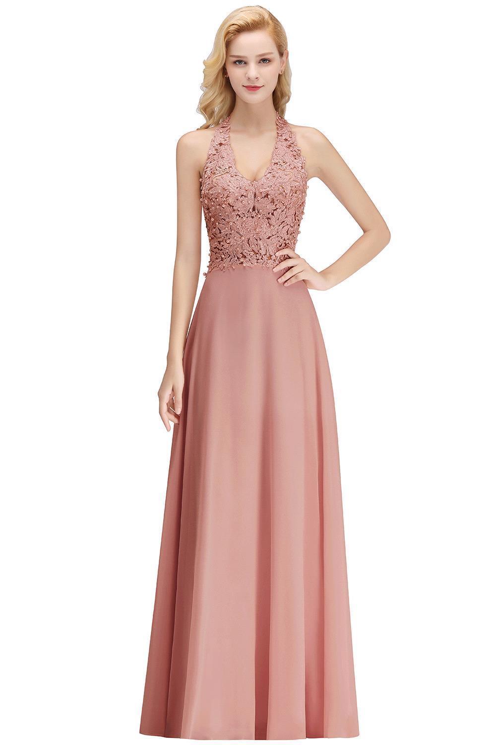 Halter Composite Emulation Silk A-line Floor Length Bridesmaid Dress