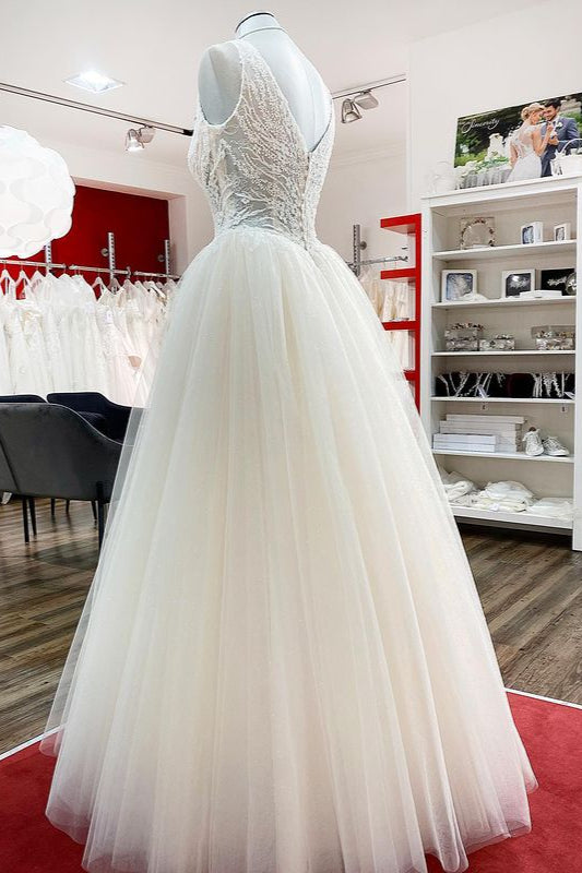 Unique Long A-line V-neck Tulle Lace Ruffles Ivory Wedding Dress