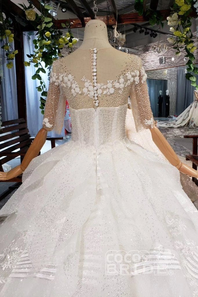 Ball Gown Half Sleeves Lace with Sequins Long Wedding Dress