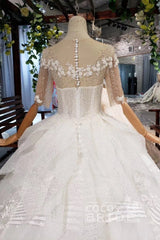 Ball Gown Half Sleeves Lace with Sequins Long Wedding Dress