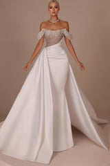 Long Off The Shoulder Mermaid Satin Sequined Wedding Dress