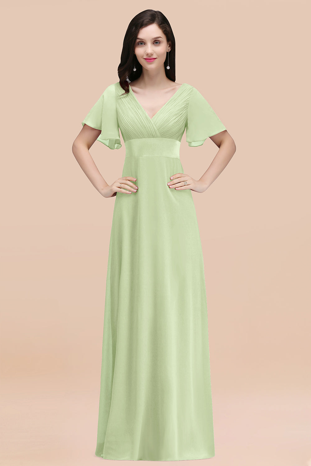 Simple A-Line Chiffon V-Neck Short Sleeves Ruffles Floor Length Bridesmaid Dresses