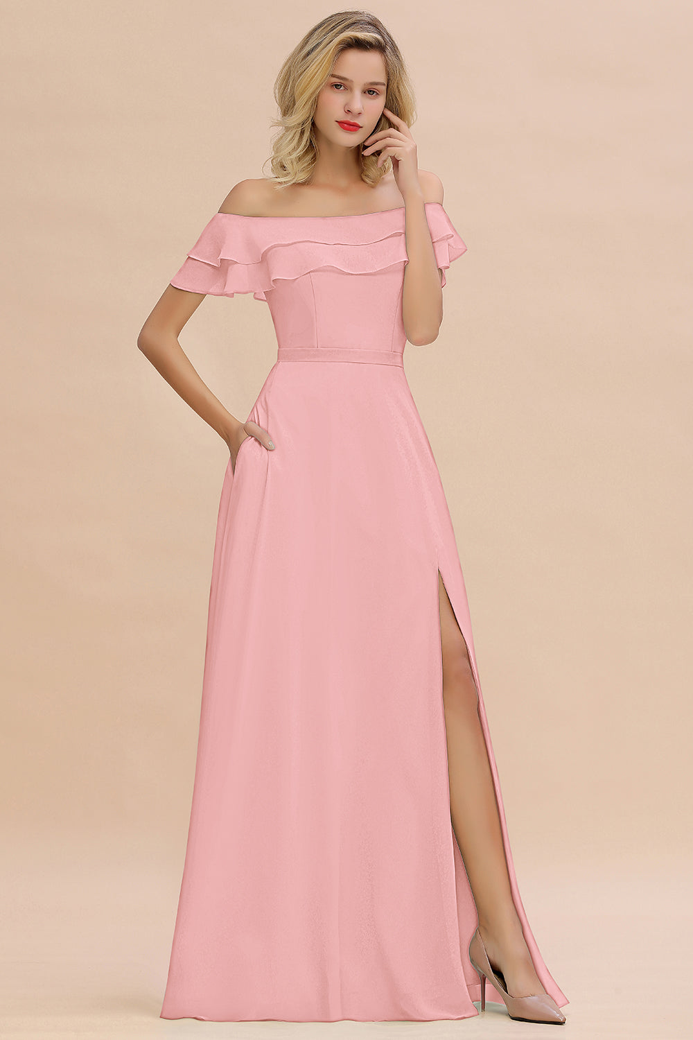 Off the Shoulder Front Slit Mint Green Long Bridesmaid Dress