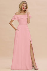 Off the Shoulder Front Slit Mint Green Long Bridesmaid Dress