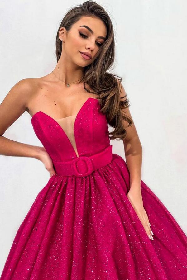 Strapless Open Back Long A Line Tulle Party Dress with Ruffles