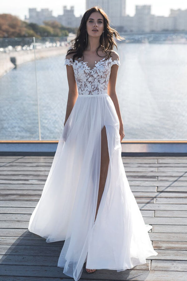 Long Chiffon Front Slit Appliques Lace Tulle A-line Wedding Dress