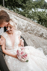 Modest Long A-line V-neck Tulle Lace Open Back Wedding Dress