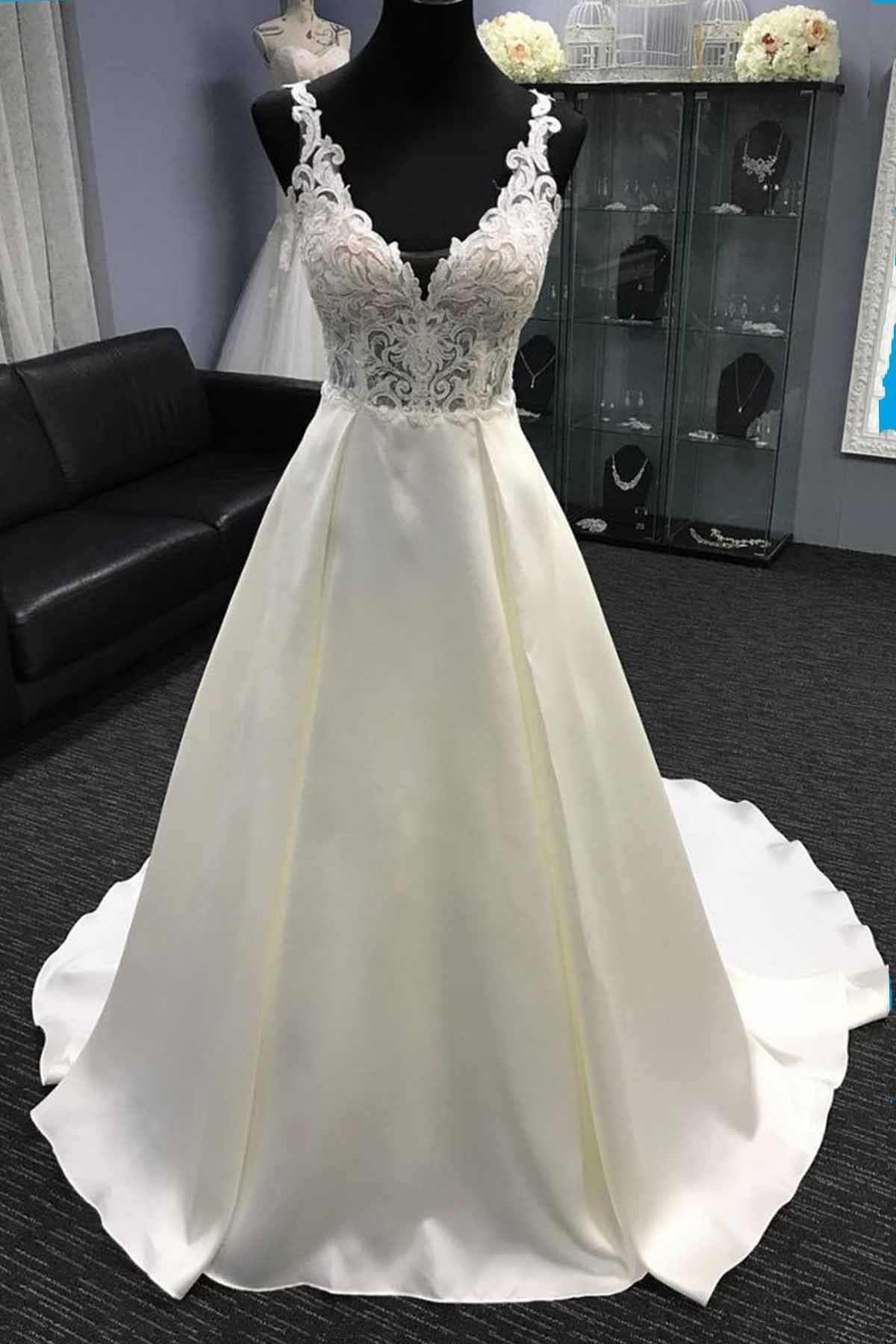 White Satin V Neck Long Lace A-Line Wedding Dress