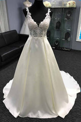 White Satin V Neck Long Lace A-Line Wedding Dress
