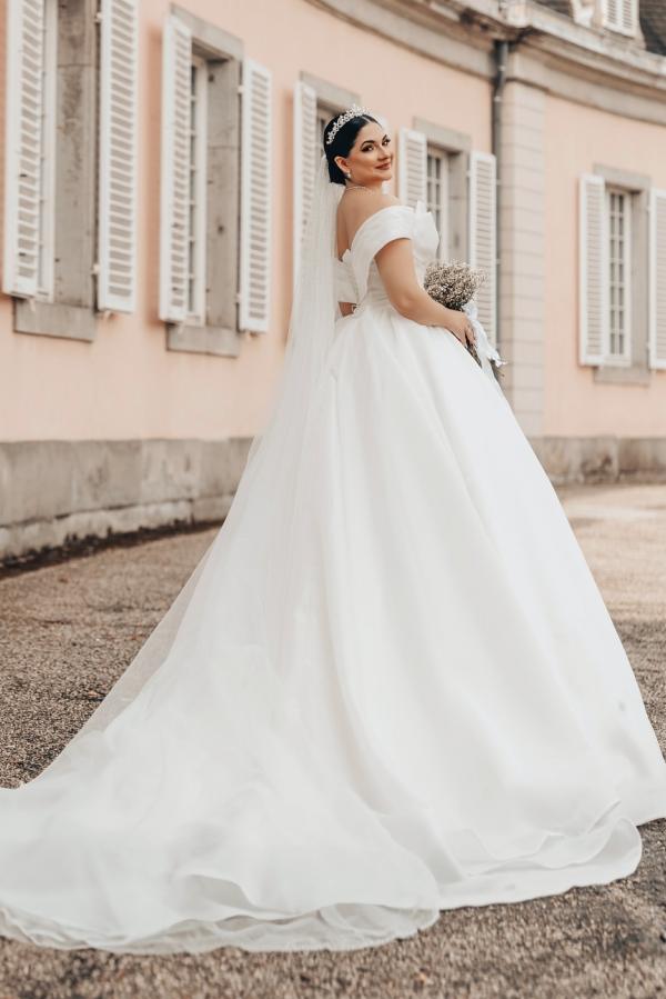 Plus Size Long A-line Off the Shoulder Open Back Wedding Dress with Ruffle