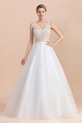 Long A-line Straps Tulle Appliques V-Neck Lace Boho Wedding Dress