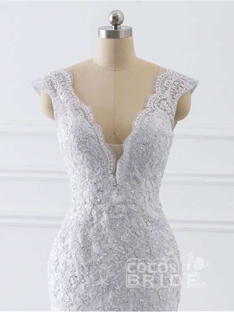 Long V-Neck Mermaid Tulle Lace Wedding Dresses