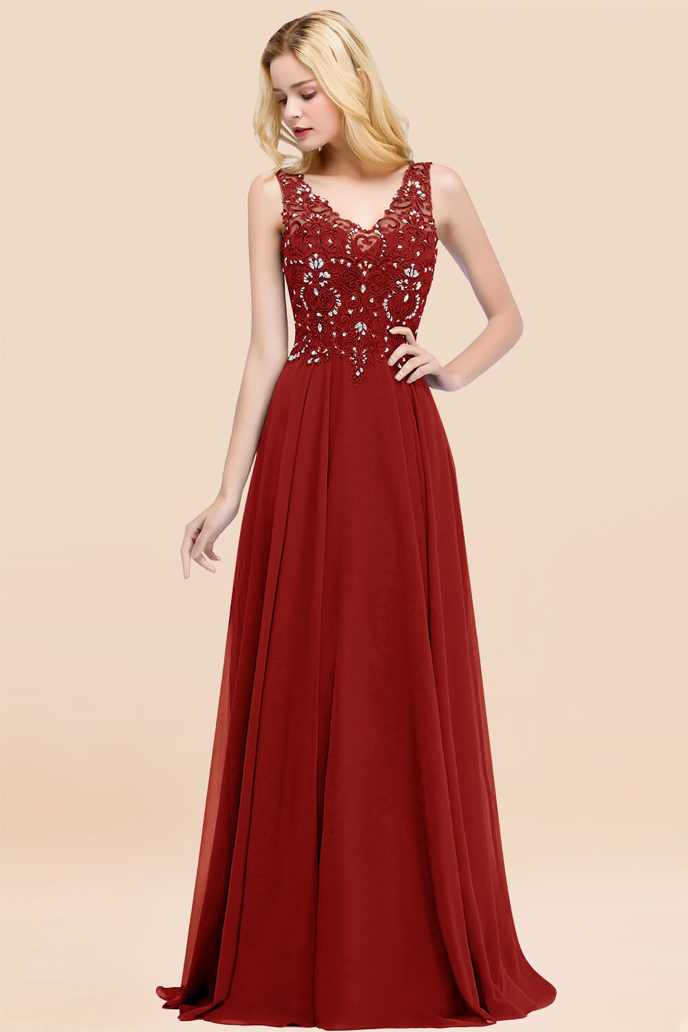 A-line Chiffon Appliques V-neck Sleeveless Floor Length Bridesmaid Dresses with Crystals