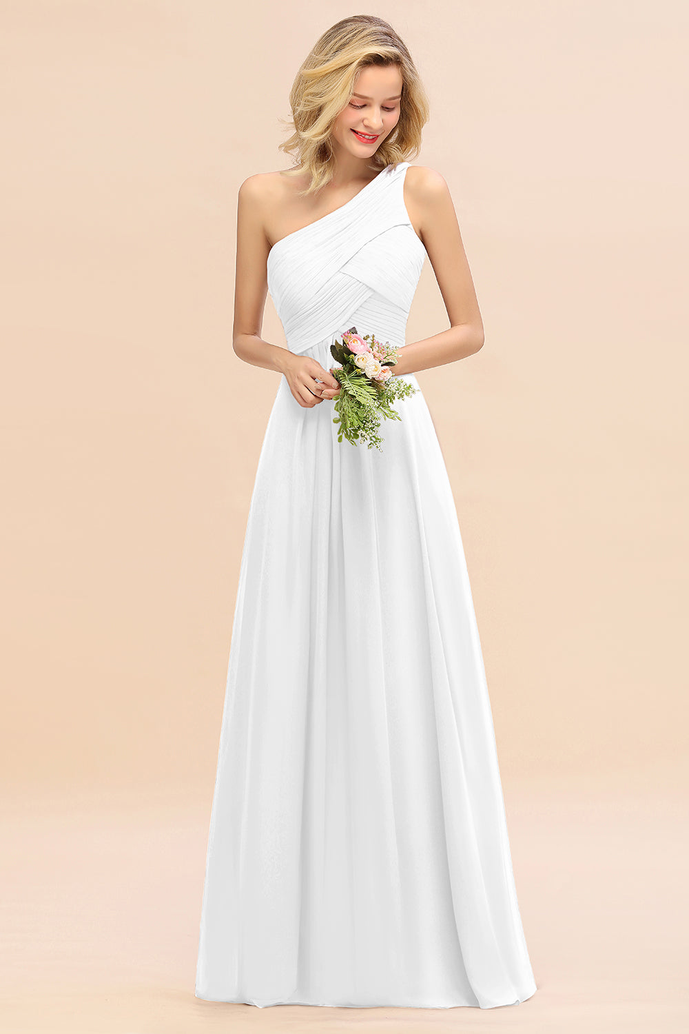 Elegant White A-line Chiffon Ruffles One Shoulder Long Bridesmaid Dress
