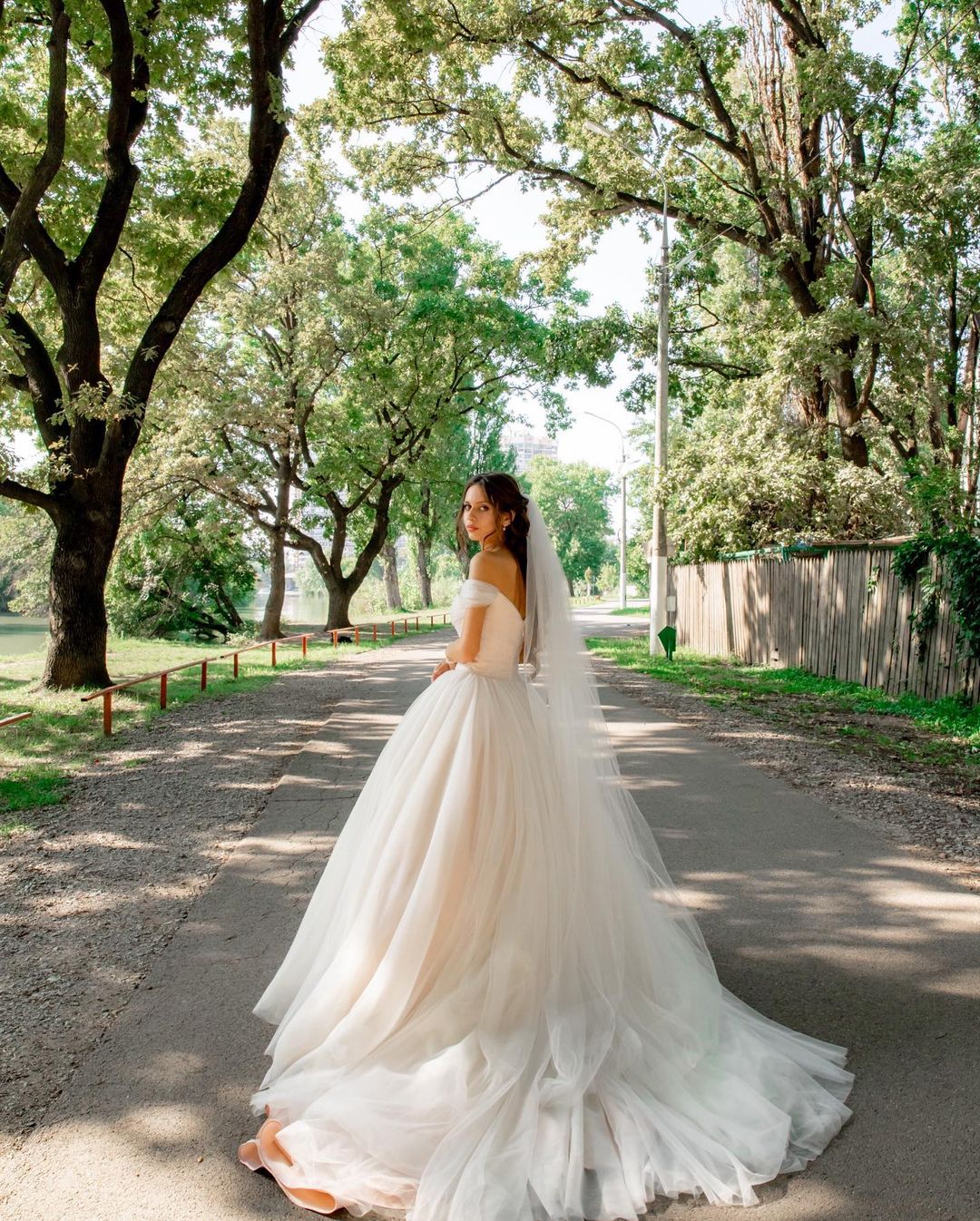 Beautiful Long Tulle Off the Shoulder A-line Wedding Dress with Chapel Train