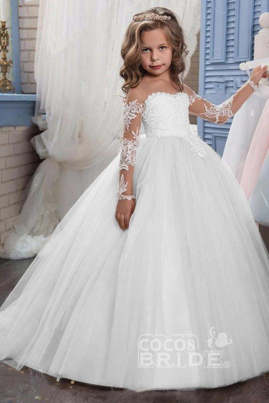 White Scoop Neck Long Sleeves Ball Gown Flower Girl Dress