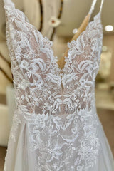 Long Open Back Spaghetti Straps Sweetheart Tulle Appliques Lace A-Line Wedding Dresses