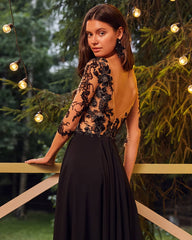Elegant A-line Long Sleeve Appliques Lace Backless Split Chiffon Prom Dress
