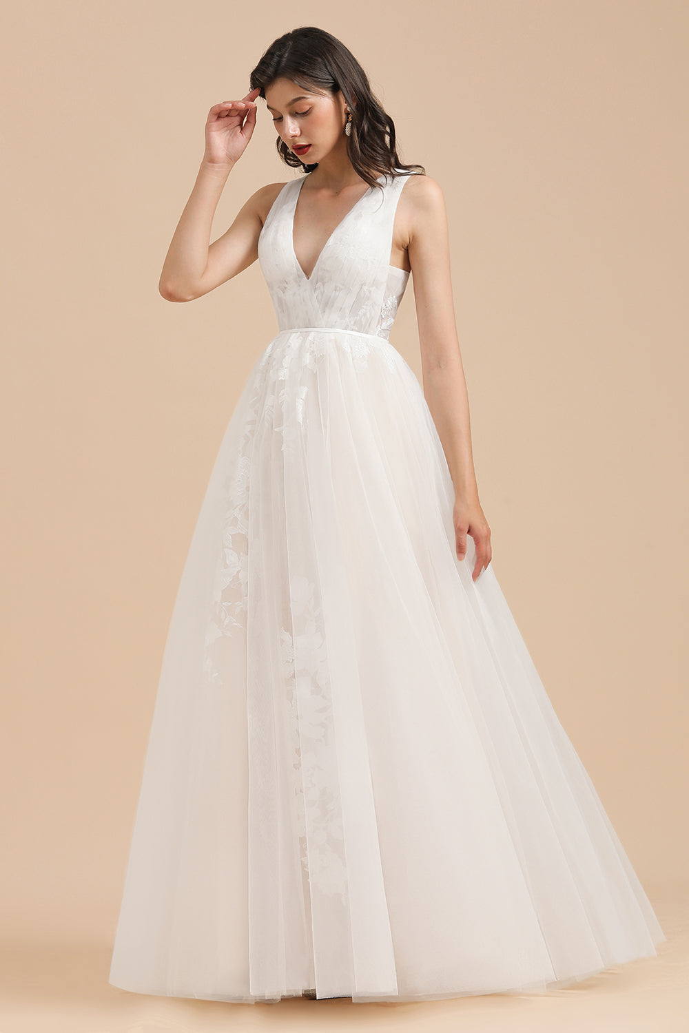 Long V-neck Lace Tulle A-line Wedding Dress