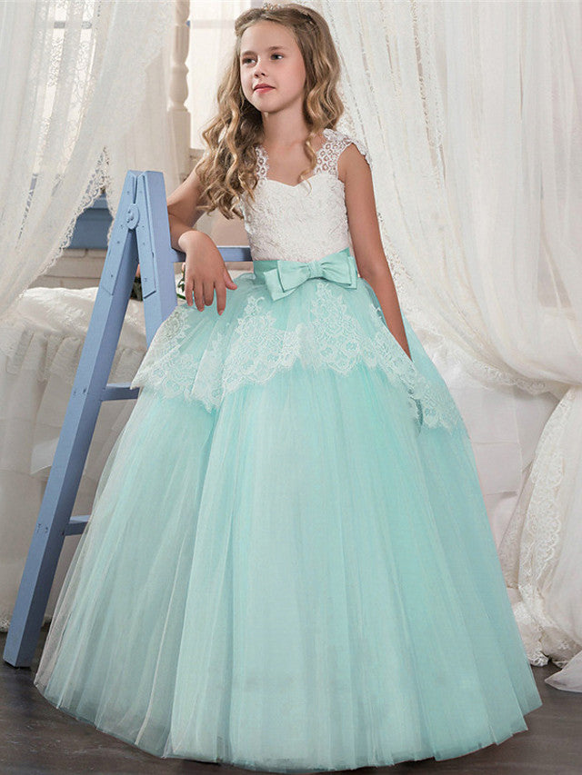 Long A-line Tulle Lace Floor Length Sleeveless Jewel Neck Flower Girl Dresses