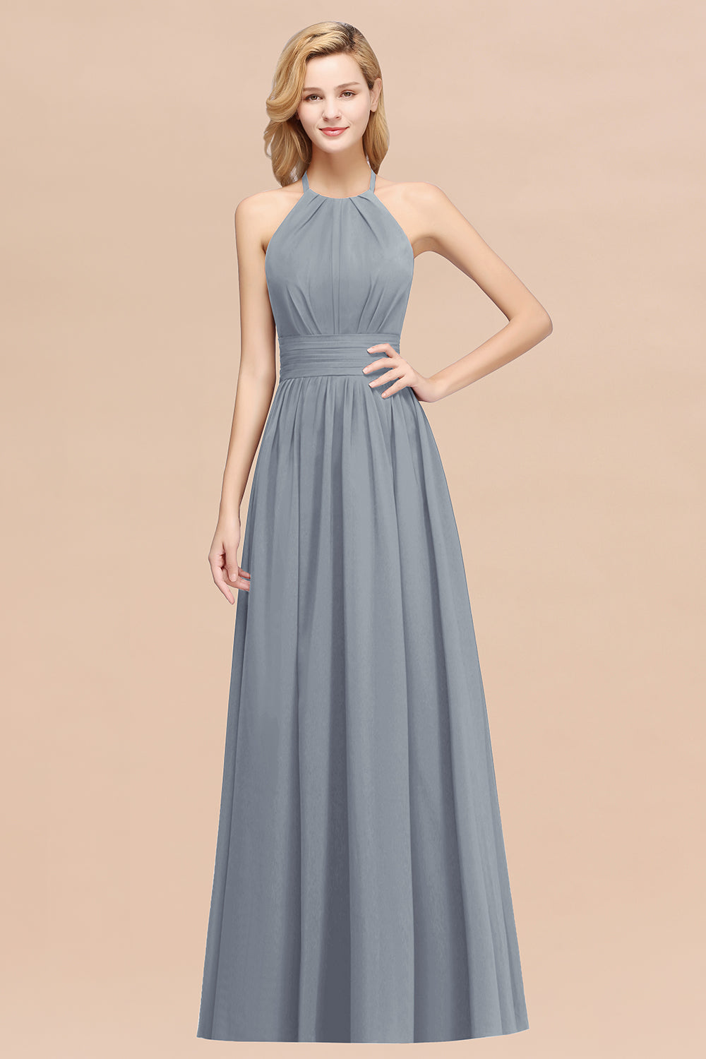 A-line Chiffon Appliques Halter Sleeveless Floor Length Bridesmaid Dresses with Ruffles