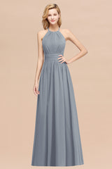 A-line Chiffon Appliques Halter Sleeveless Floor Length Bridesmaid Dresses with Ruffles