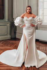 Mermaid Sweetheart Off the Shoulder Satin Long Beading Wedding Dress with Bubble Sleeves