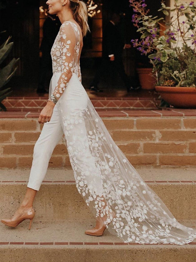 Long Sleeves Jewel Neck Jumpsuits A-Line Wedding Dresses