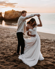 Beach Long Off the Shoulder Tulle Train A-Line Appliques Lace Wedding Dress