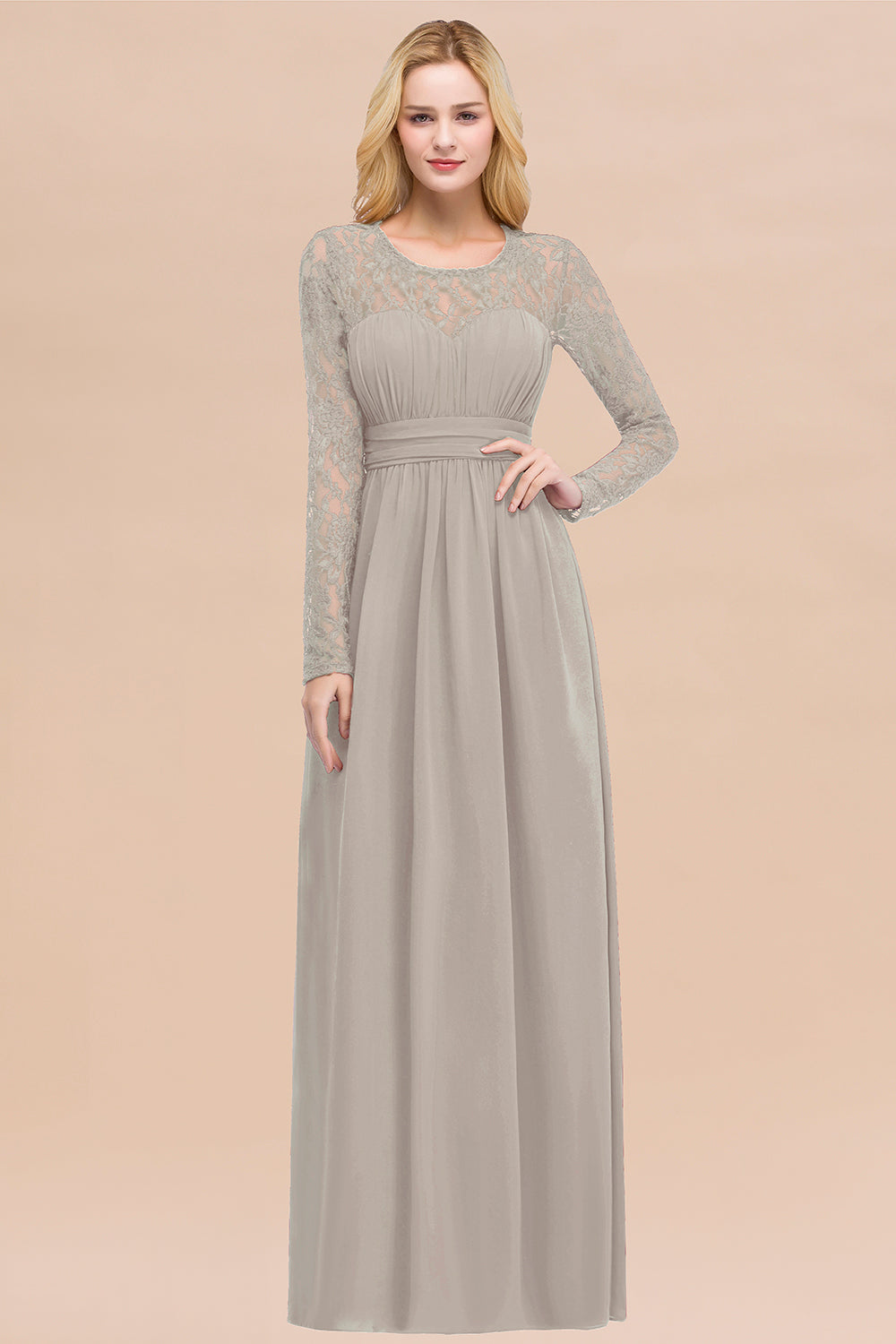 Elegant A-Line Chiffon Jewel Long Sleeves Ruffles Floor Length Bridesmaid Dresses