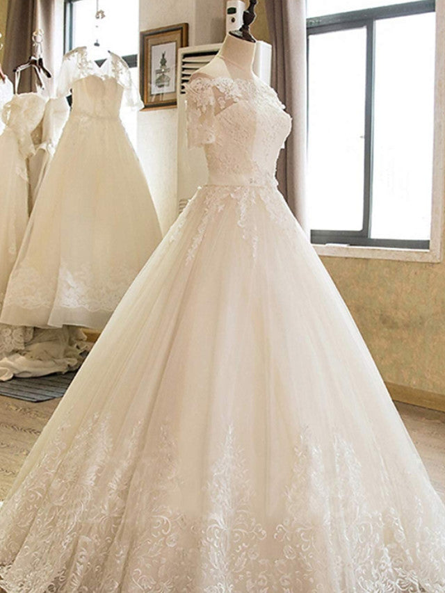 Long A-line Off the Shoulder Court Train Lace Tulle Wedding Dresses with Sleeves