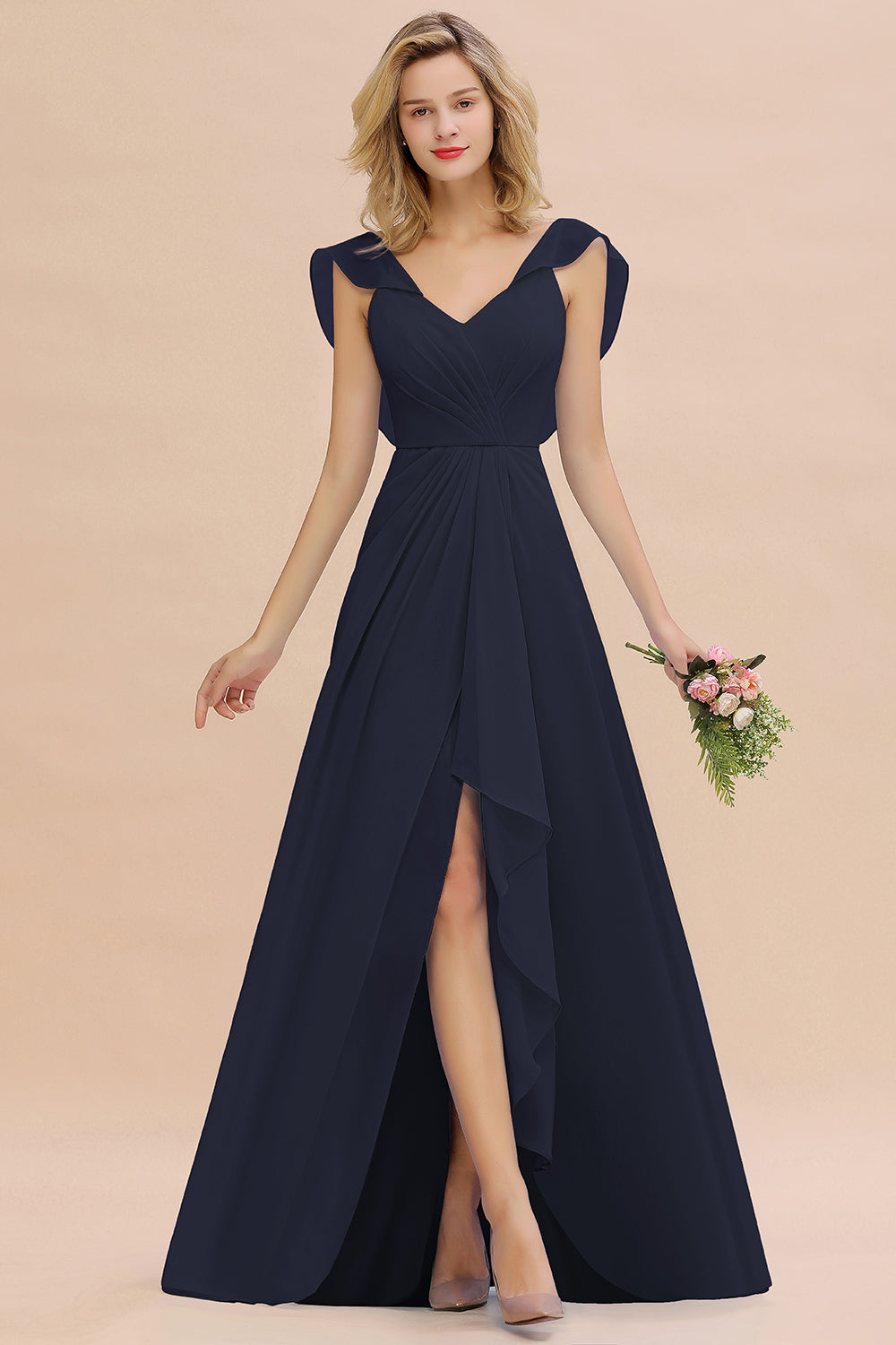 Simple High Low A-line V-Neck Ruffles Chiffon Dark Navy Bridesmaid Dress