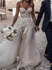 Long A-Line Sweetheart Tulle Lace Sleeveless Wedding Dresses