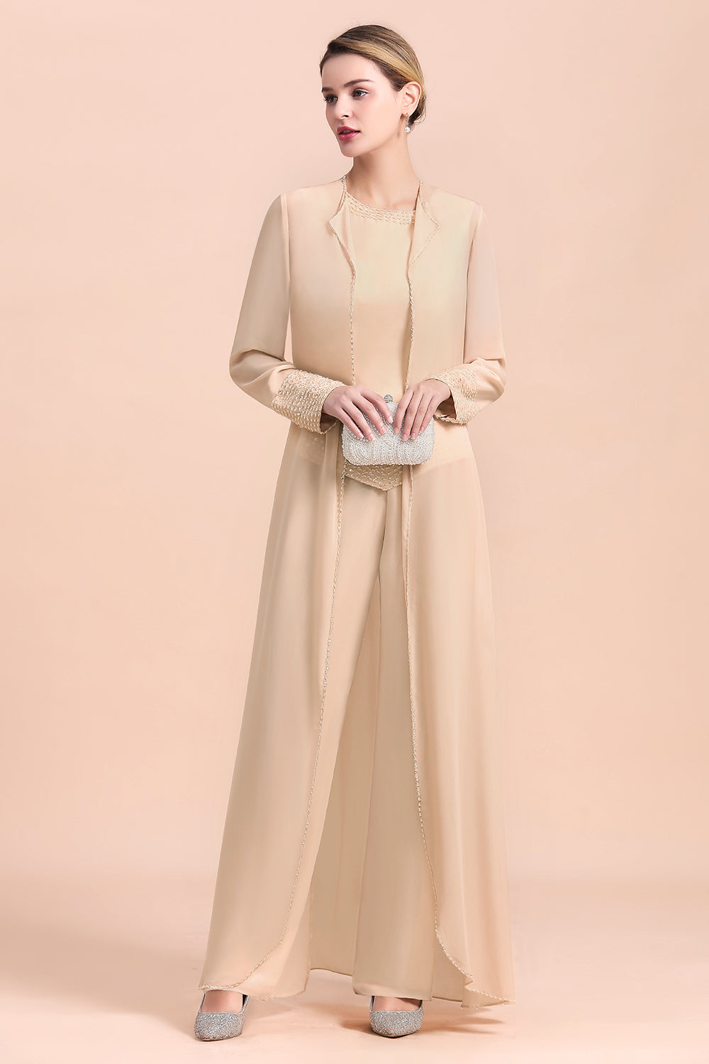 Two Pieces Champagne Long Sleeve Chiffon Mother of the Bride Dress With Jacket