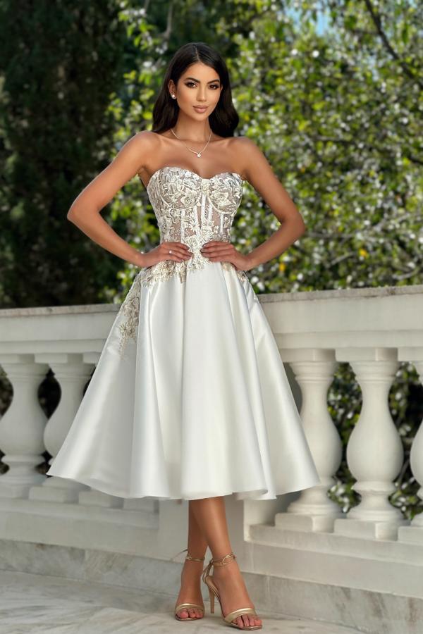 Elegant Short Strapless A Line Satin Tea Length Weddinhg Dress