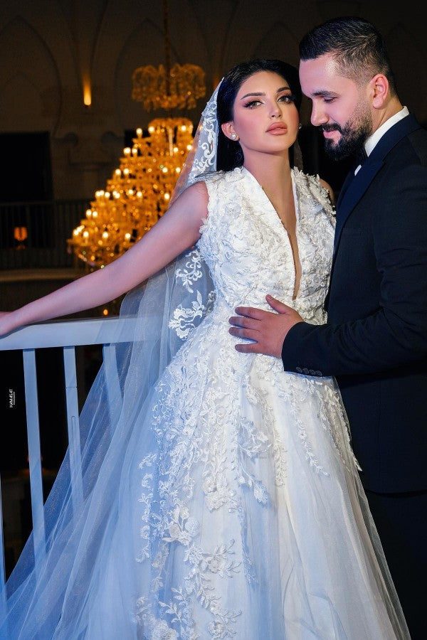 Gorgeous Long A-line V-neck Tulle Sleeveless Lace Wedding Dresses